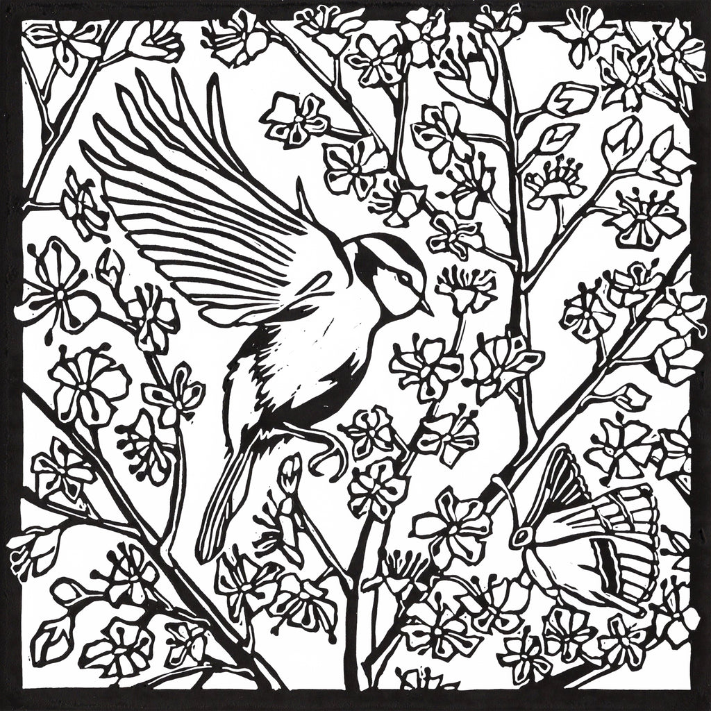 'The Blue Tit and the Butterfly' Original Linocut