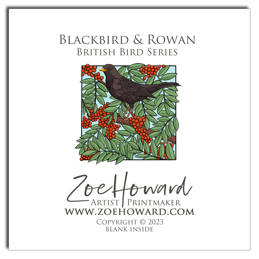 Beautiful Blackbird and Rowan Greeting Card by Artist Zoe Howard