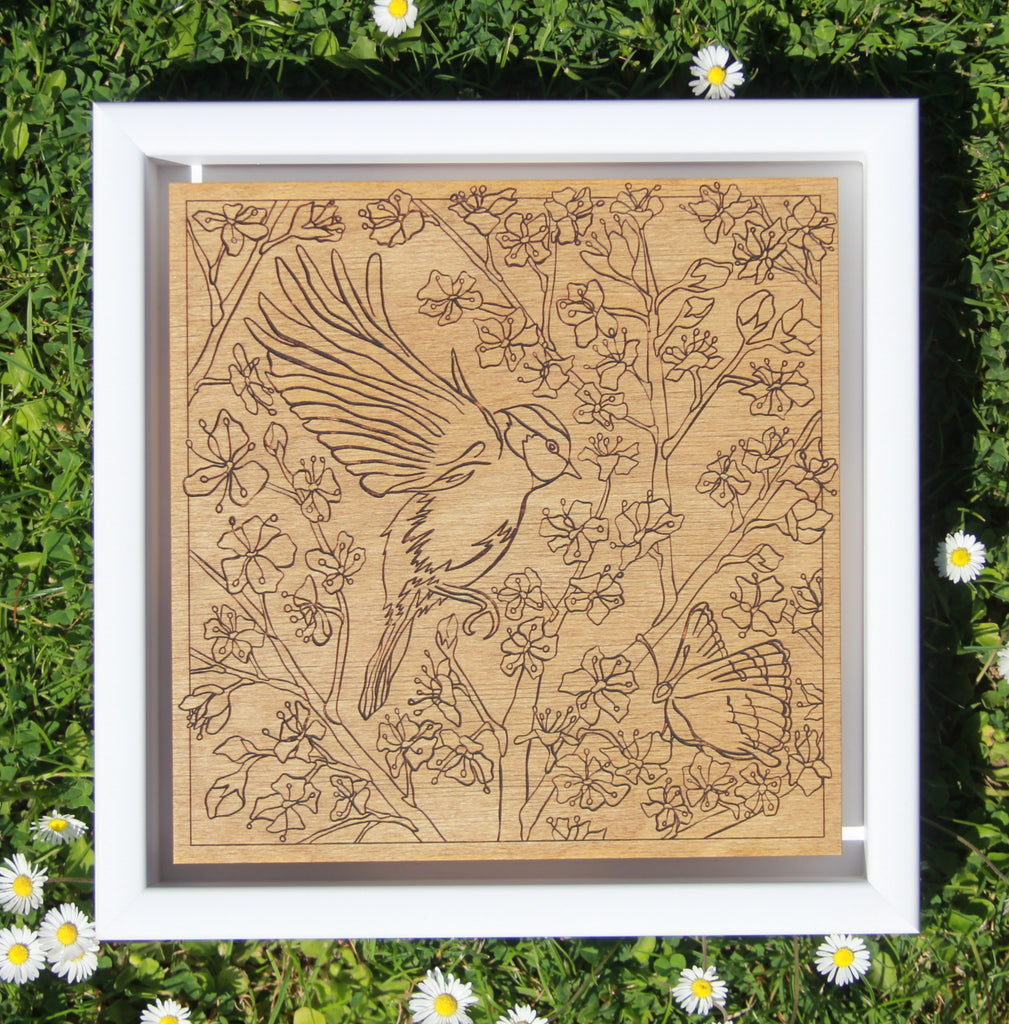 Floating frame wooden engraved 'The Blue Tit and the Butterfly'