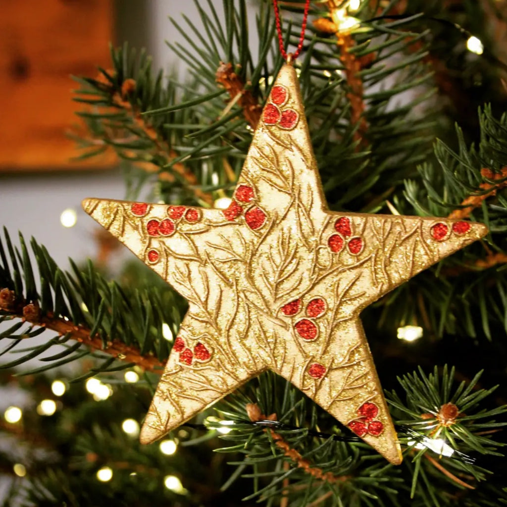Gold Holly and Berries Festive Christmas Star - Sale!!