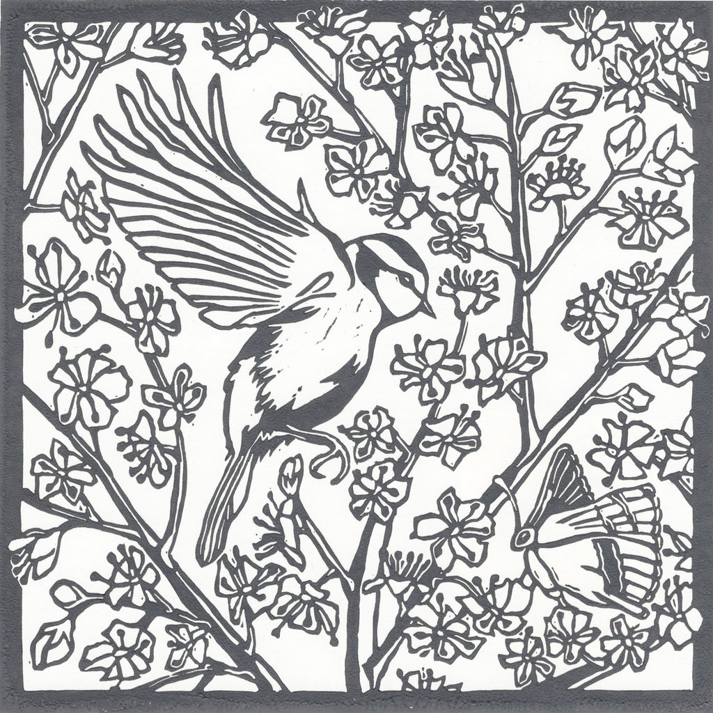 'The Blue Tit and the Butterfly' Original Linocut