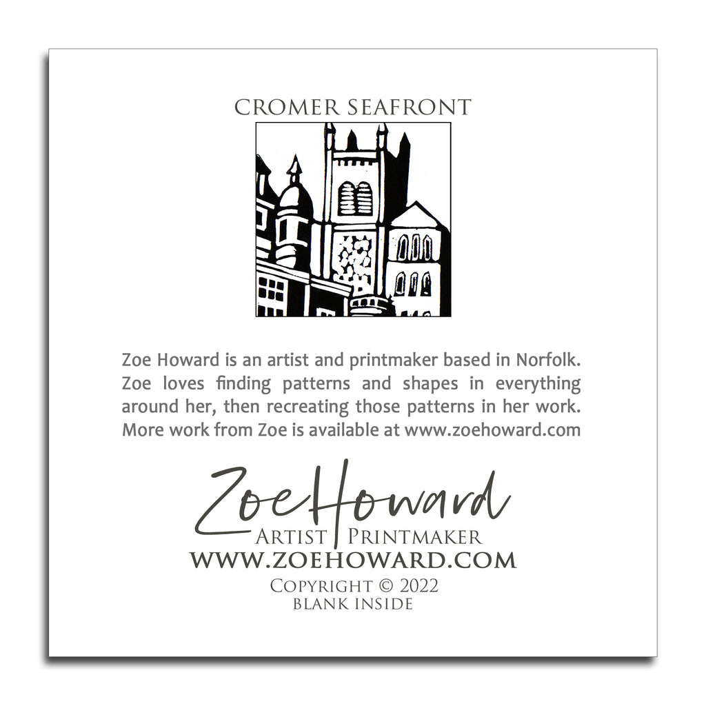 'Cromer Seafront' Greeting Card of Zoe Howard's original linocut print.