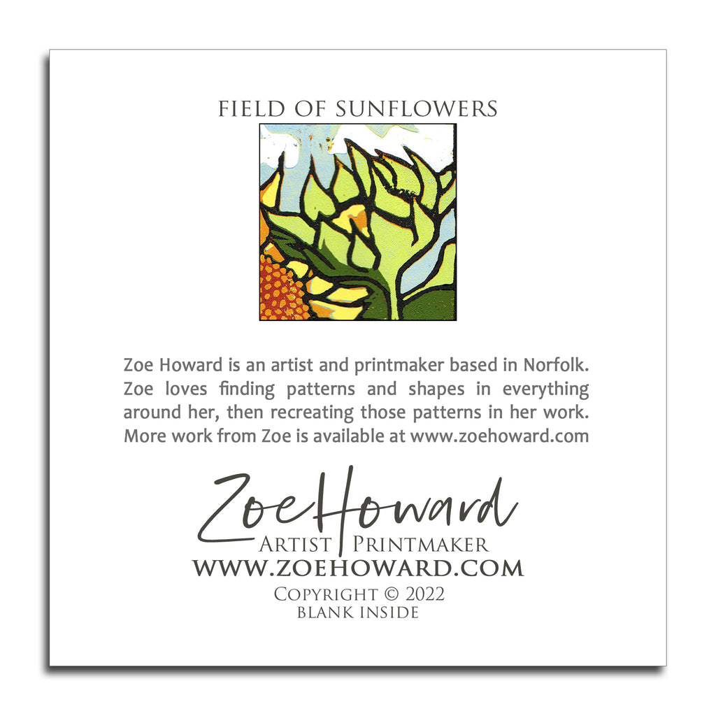'Field of Sunflowers' Greeting Card of Zoe Howard's original linocut print.