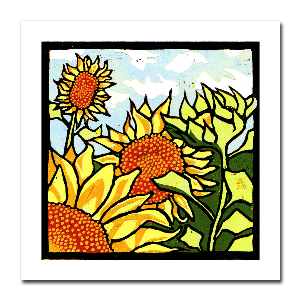 'Field of Sunflowers' Greeting Card of Zoe Howard's original linocut print.