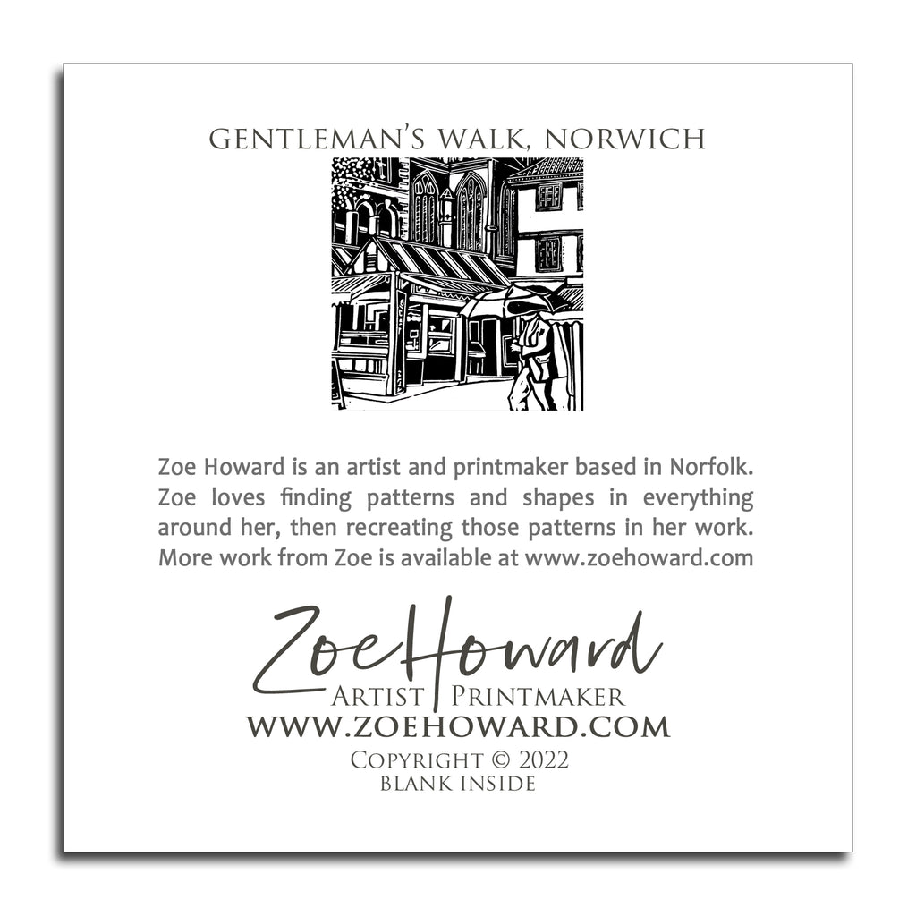 'Gentleman's Walk, Norwich' Greeting Card of Zoe Howard's original linocut print.