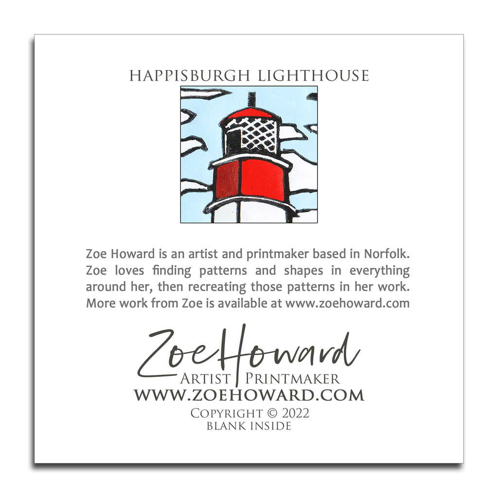 'Happisburgh Lighthouse' Greeting Card of Zoe Howard's original linocut print.