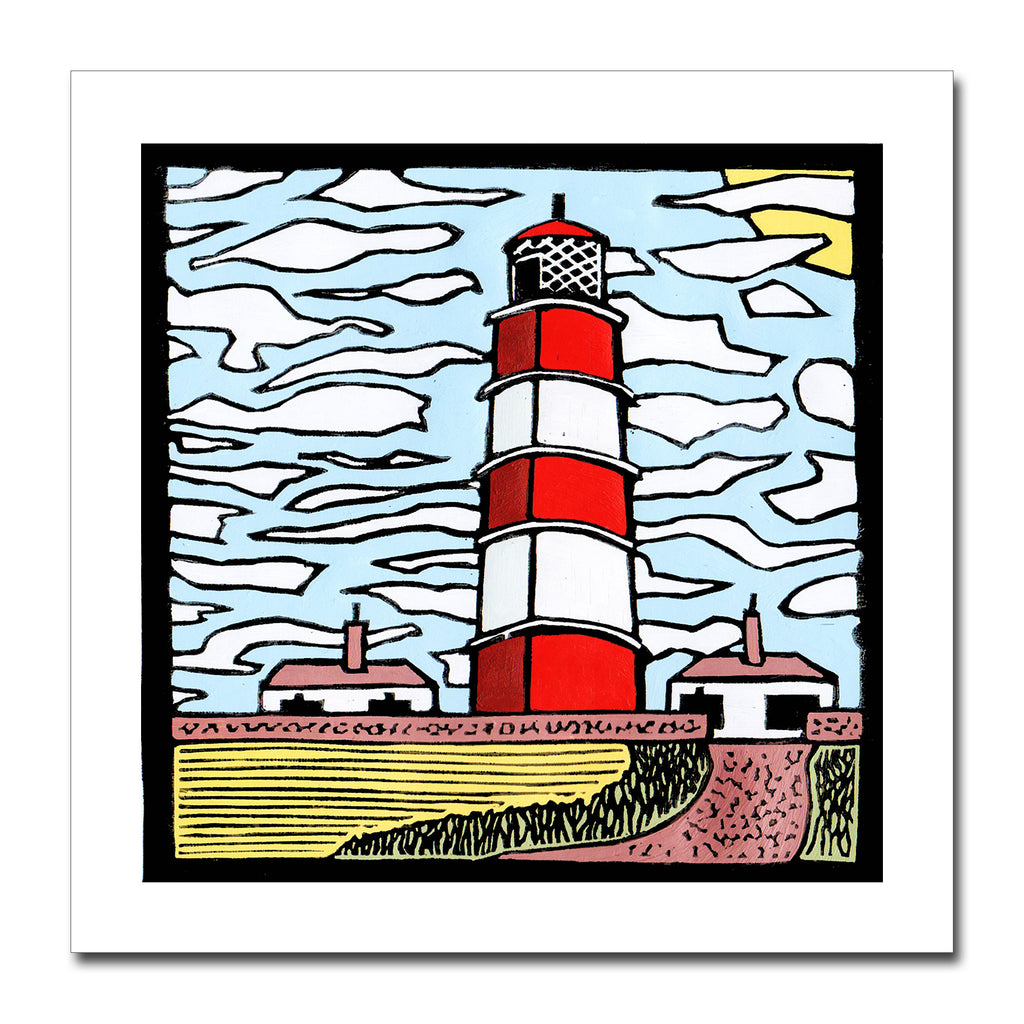 'Happisburgh Lighthouse' Greeting Card of Zoe Howard's original linocut print.