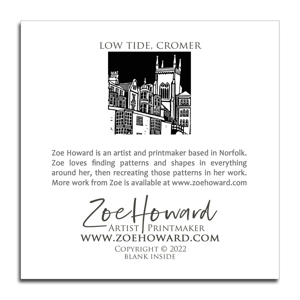 'Low Tide, Cromer' Greeting Card of Zoe Howard's original linocut print.