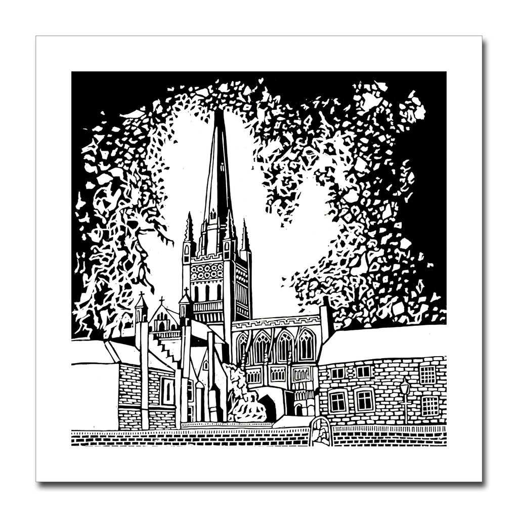 'Norwich Cathedral' Greeting Card of Zoe Howard's original linocut print.