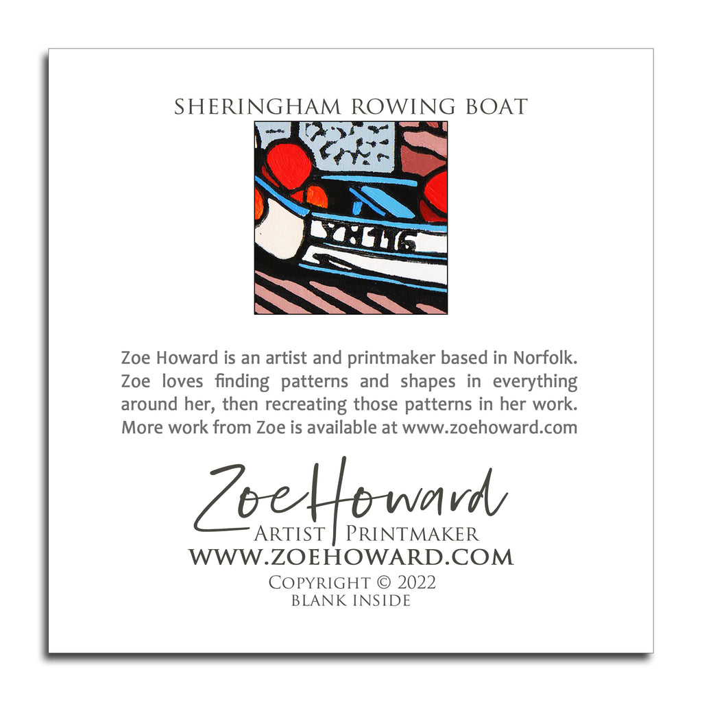 'Sheringham Rowing Boat' Greeting Card of Zoe Howard's original linocut print.