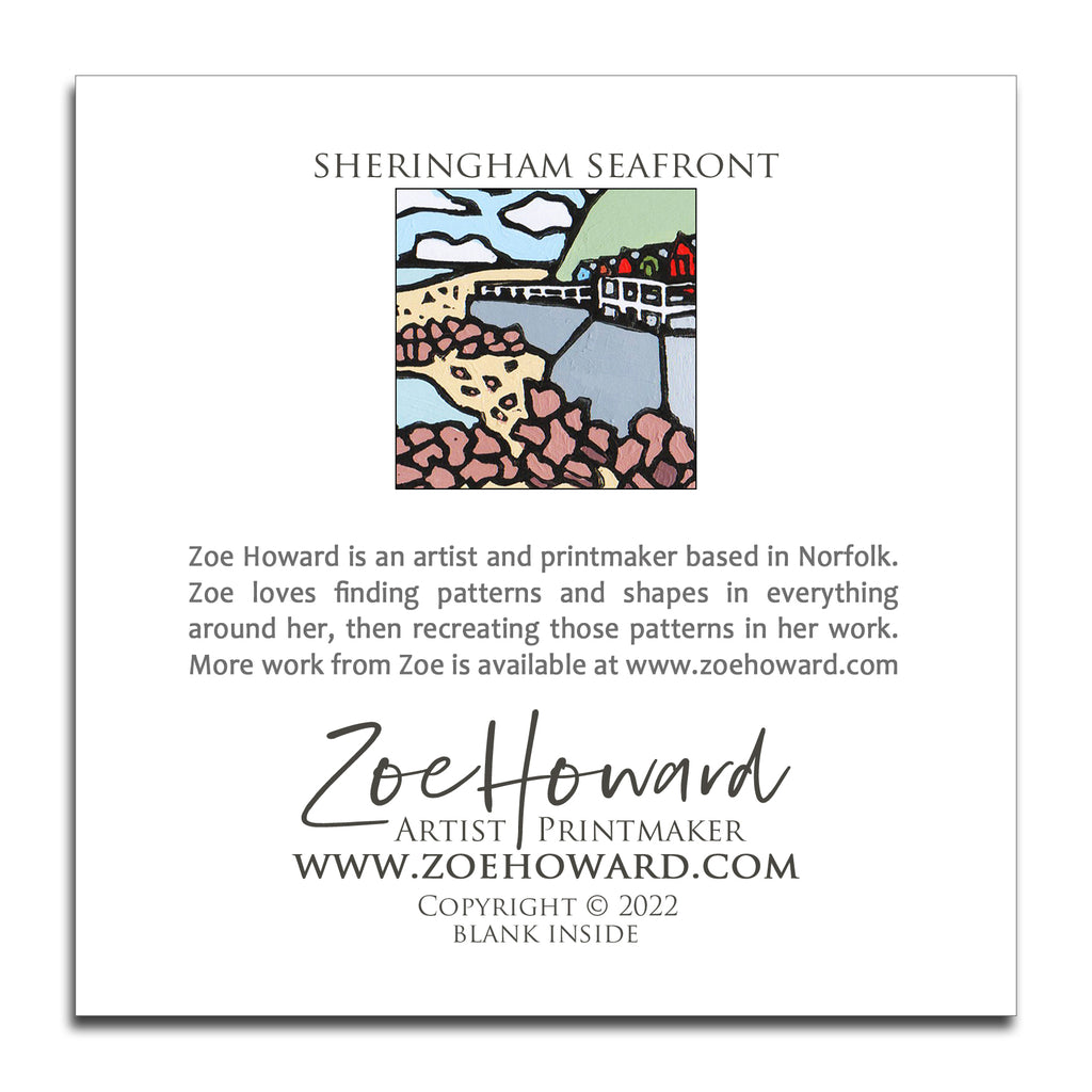 'Sheringham Seafront' Greeting Card of Zoe Howard's original linocut print.