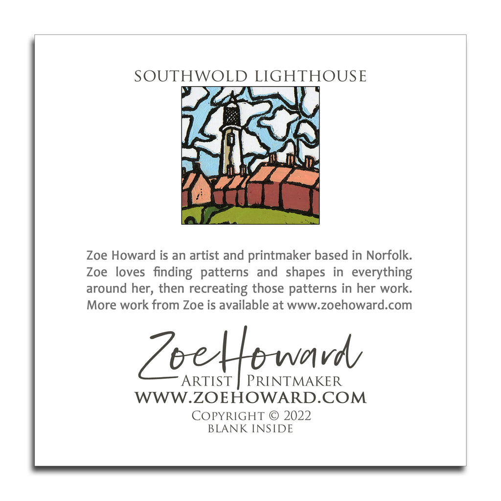 'Southwold Lighthouse' Greeting Card of Zoe Howard's original linocut print.