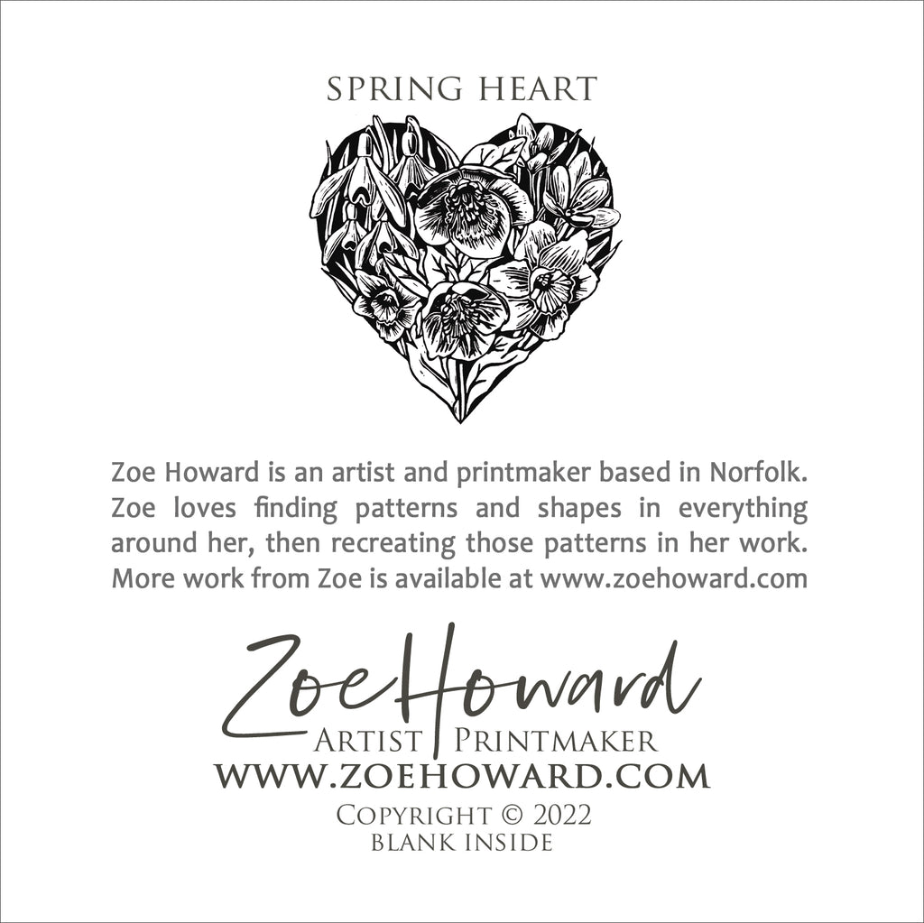 'Spring Heart' in black Greeting Card of Zoe Howard's original linocut print.