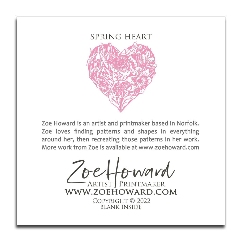 'Spring Heart' in pink Greeting Card of Zoe Howard's original linocut print.