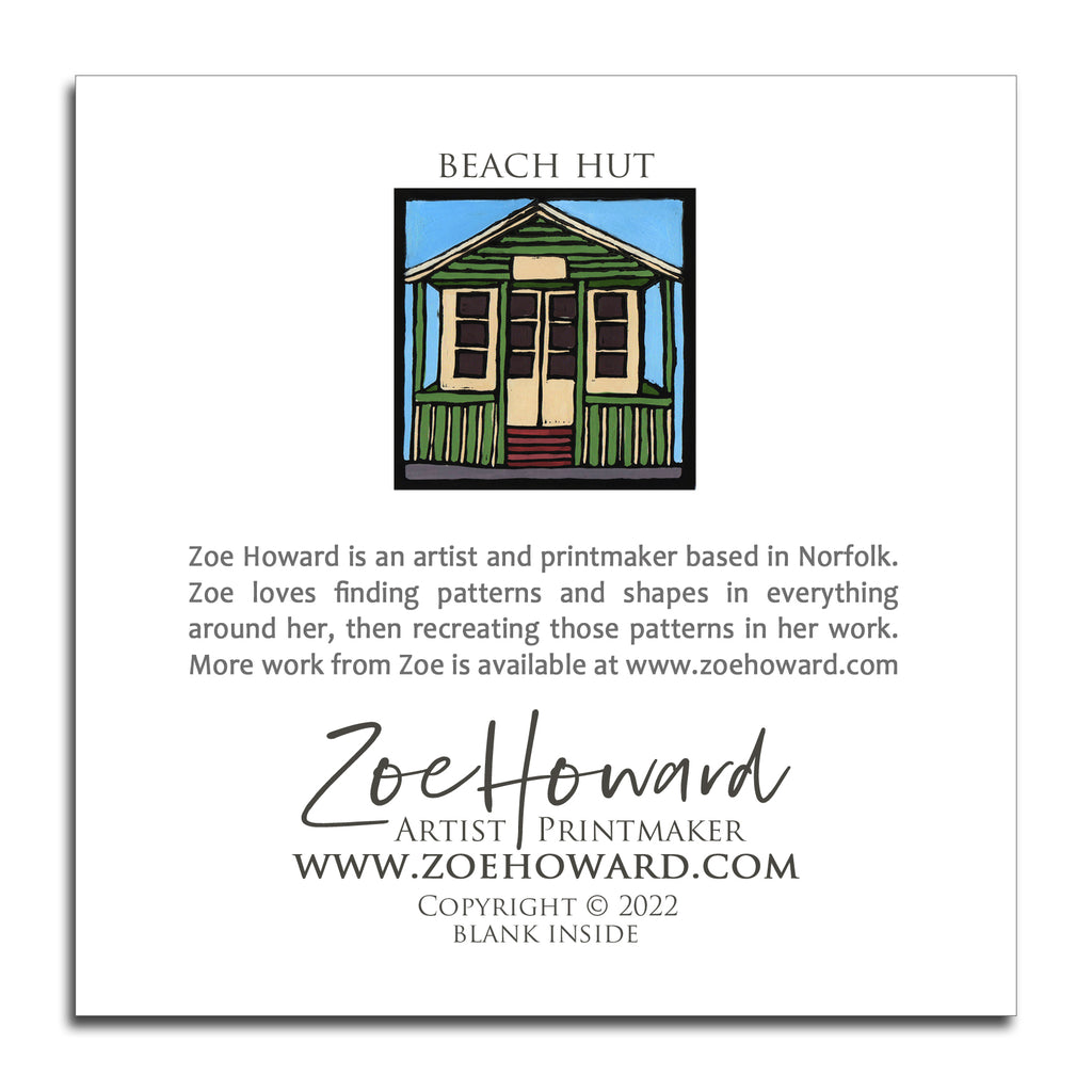 'Beach Hut' Greeting Card of Zoe Howard's original linocut print.