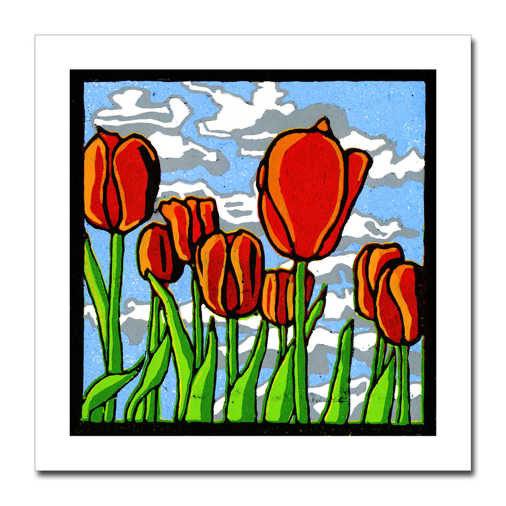 'Red Tulips' Greeting Card of Zoe Howard's original linocut print.